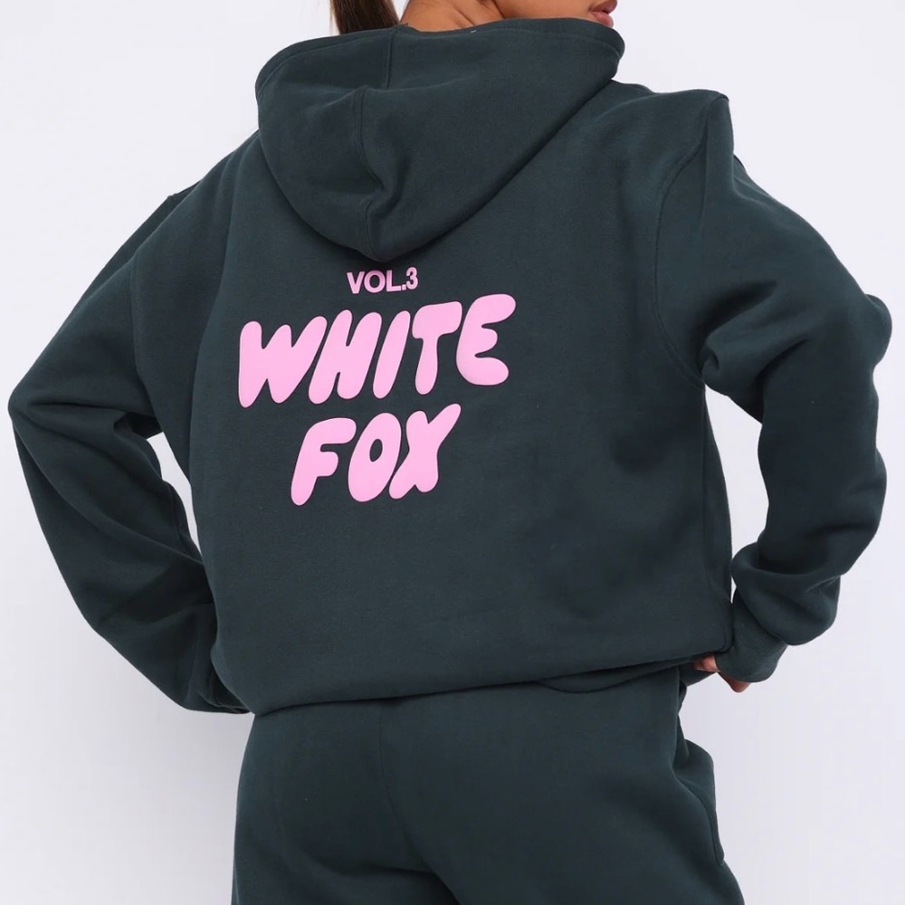 white fox hoodie in pine.